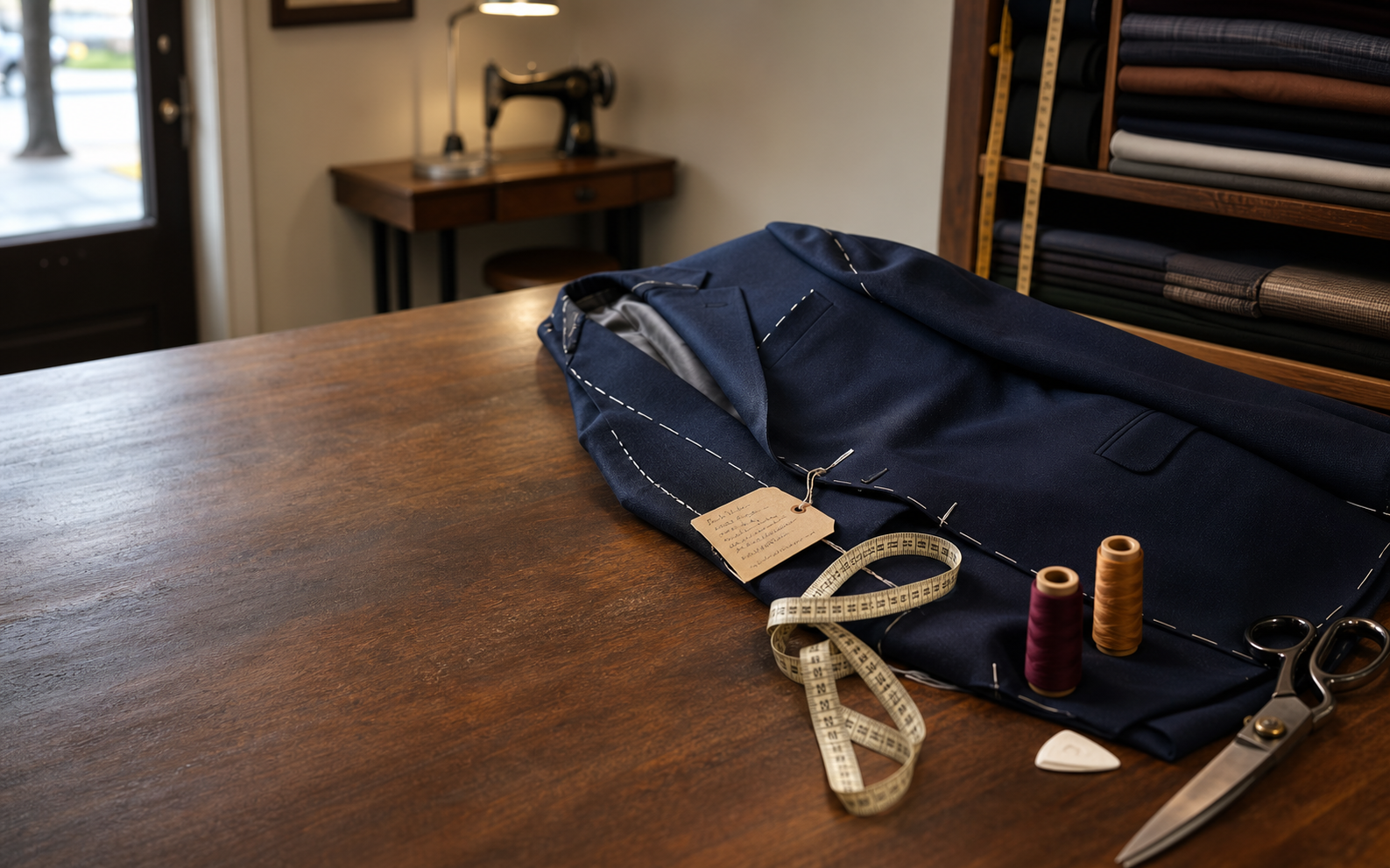 Pinned suit jacket, measuring tape, thread, and shears on a tailor's worktable